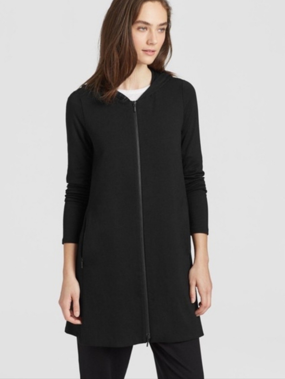 Eileen Fisher Long Black Stretch Hooded Jacket Tencel